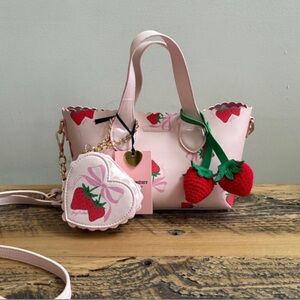 Juicy Couture Pink Strawberry Print Mini Tote with Heart Coin Pouch & Charm